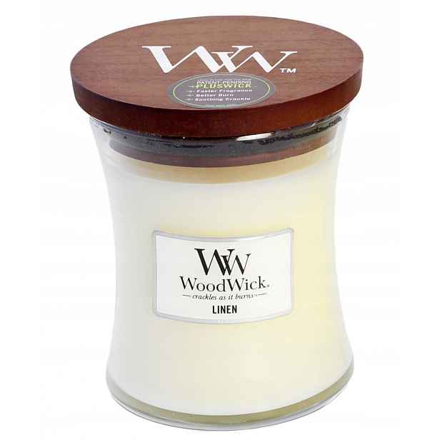 WoodWick Linen – střední vonná svíčka s dřevěným knotem