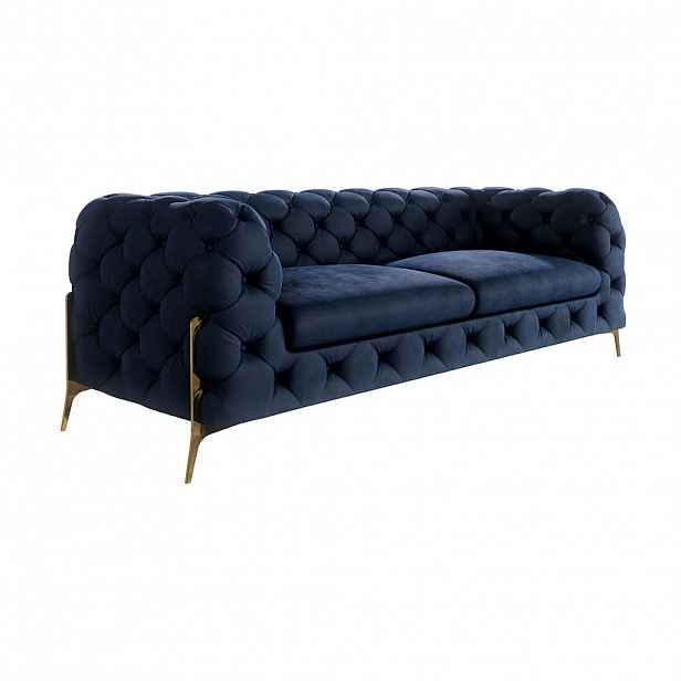 S-Style CHESTERFIELD TŘÍMÍSTNÁ POHOVKA Lexi z tmavě modrého sametu se zlatými nohami