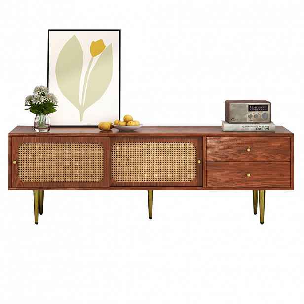 OKWISH TV stolek 160/40/60 cm ořechový z MDF s posuvnými dvířky z ratanového plastu a zásuvkami