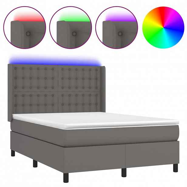 vidaXL Box spring postel s matrací a LED šedá 140x200 cm umělá kůže