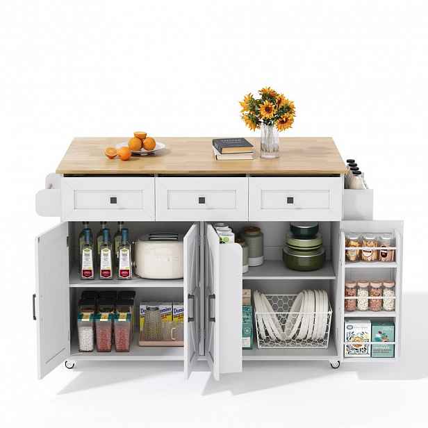 OKWISH KUCHYŇSKÝ ostrůvek 140/43(70)/90,5 cm bílá a přírodní z MDF s klopnou deskou a úložným prostorem