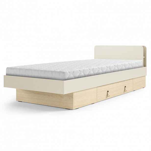 Beautysofa POSTEL Sorella 90 × 200 cm s lamelovým roštem a úložnou zásuvkou, bez matrace, macadamia + dub Mavelie