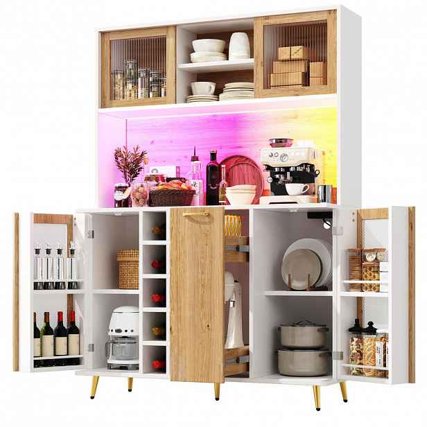 OKWISH BOČNÍ skříň 120/40/180 cm bílá v dekoru dřeva z MDF s LED osvětlením, vinotékou a zásuvkou