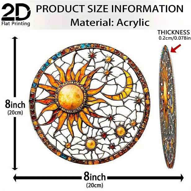 TEMU 2D Plochý, 1 ks Lapač Slunce 8"x8" - Živý Křišťálový Vitrážový Závěs na Okno, Barevný Design Slunce a Měsíce, Pro Zahradu, Obývací Pokoj,