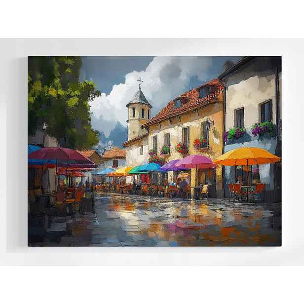 Plakát Město Náměstí Ulice Kavárny Deštníky Kostel 100x75
