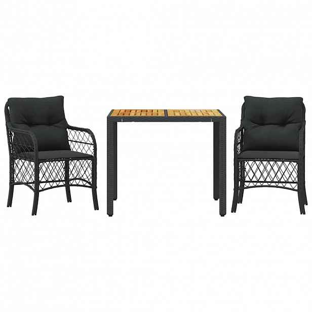 vidaXL 3dílný bistro set s poduškami černý polyratan