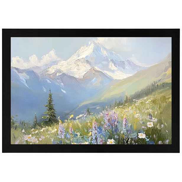 Plakát Rámeček Dřevo Krajina Hory Vrcholy Alpy Louka Květiny Jaro 60x40