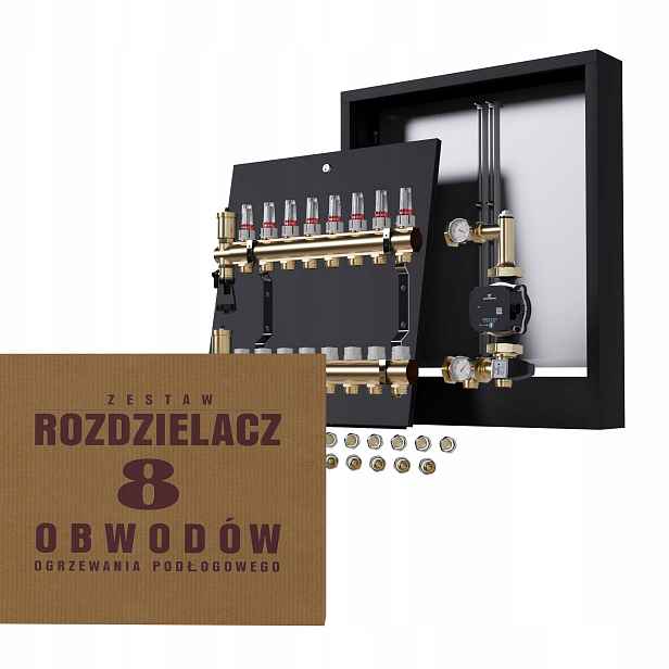 Rozdělovač pro podlahovku 8 s spojkami, čerpadlo Grundfos nástěnná černá