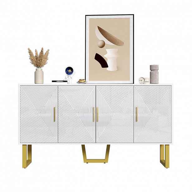 OKWISH BOČNÍ skříň 150/40/82 cm bílá z MDF a dřevotřísky s lesklými dvířky a zlatými úchyty