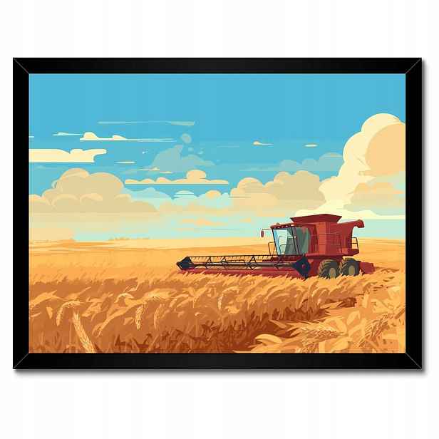Plakáty v rámu 40x30 Červený kombajn v poli na sklizni