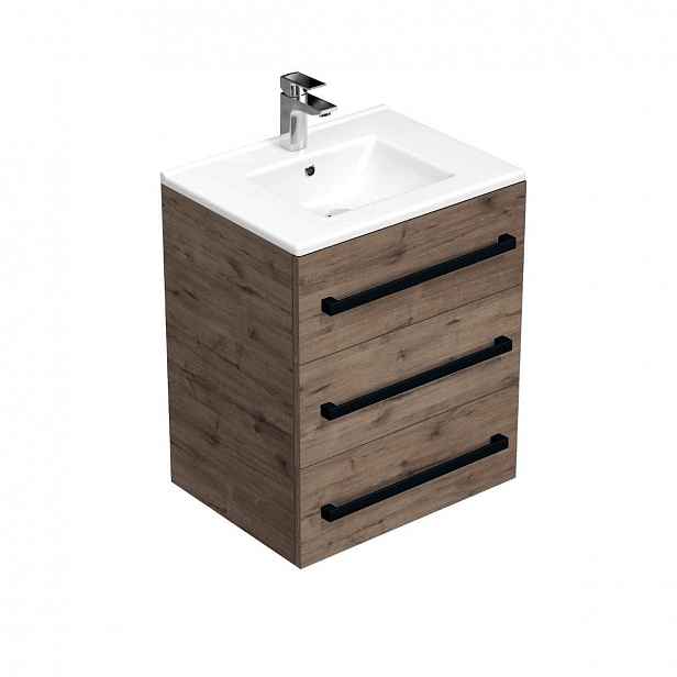Koupelnová skříňka s černou úchytkou a umyvadlem SAT Cube Way 60x71x46 cm dub Wellington mat CUBE46C603DWMOD