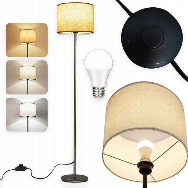 Stojací Lampa Podlahová Lampa S Žárovkou E27 Noční Lampa Lněná Stínidlo 156 cm