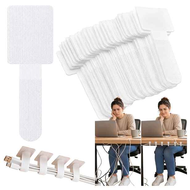 Kabelový držák Samolepicí Bílý Na Suchý Zip Nylon Otevírací 9x3 Cm 40 ks