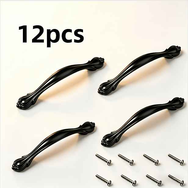 TEMU 12 ks (4 ks úchytek a 8 ks šroubů) Černé módní úchytky na dveře, pohodlný ergonomický úchop, snadná instalace, vhodné pro skříňky, šatníky,