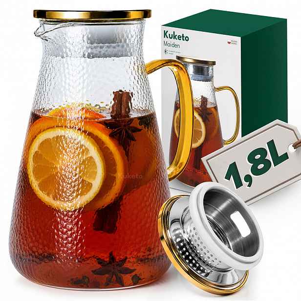 TEMU Elegantní Čajová Konvice - 1.8 L Skleněná Konvice s Infuzérem a Zlatou Rukojetí, Odolná vůči Vysokým Teplotám, Konvice na Čaj, Kávu, , Džus,