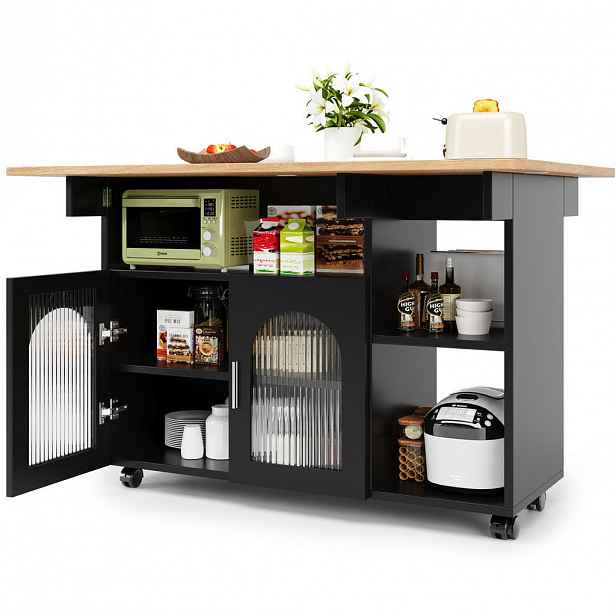 Modfu KUCHYŇSKÝ ostrůvek z MDF a skla 120x70x79,5 cm černý/přírodní s rozkládací deskou, kolečky a úložným prostorem