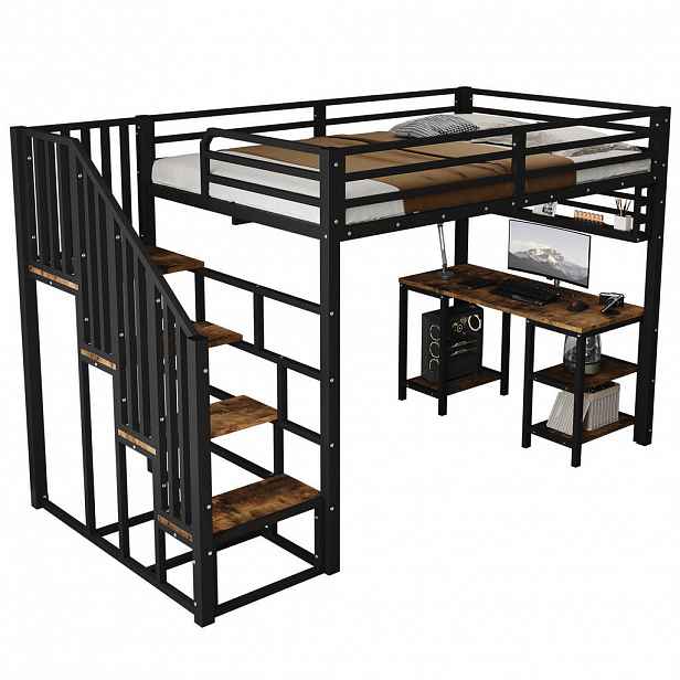 STILVORA HOCHBETT 120/200 cm in Schwarz & Dunkelwalnuss mit Treppe, Schreibtisch und Regal