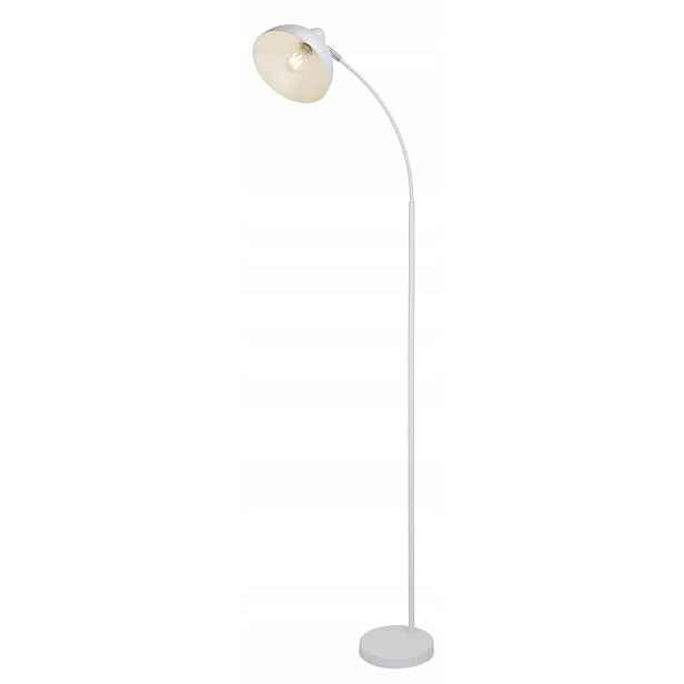 Bílá podlahová lampa Daron ve skandinávském designu vedle křesla Rabalux
