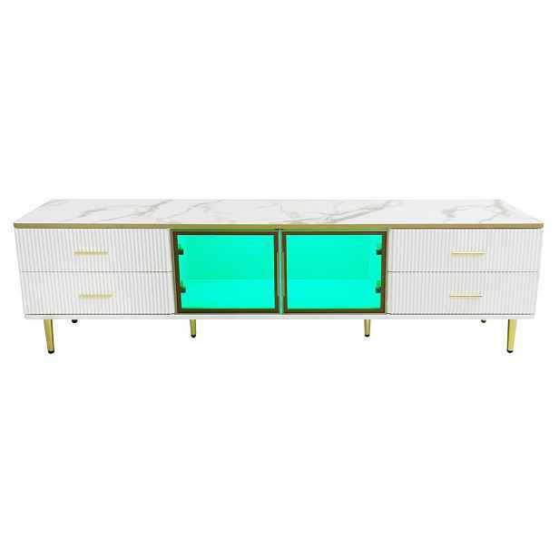 Modfu TV stolek z dřevotřísky 170x37x47,5 cm bílý s LED osvětlením, 4 zásuvkami a dvířky z tvrzeného skla