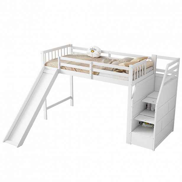 STILVORA HOCHBETT 90/200 cm in Weiß Kinderbett mit Rutsche und Ablageleiter