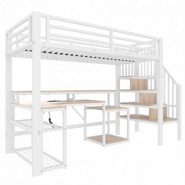 STILVORA HOCHBETT 90/200 cm in Weiß mit Treppe, Stauraum, Regal, Schreibtisch, LED und USB Metall Modern