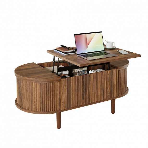 Modfu KONFERENČNÍ stolek z MDF 100x48x53,5 cm ořechová s výklopnou deskou a úložným prostorem, oválný vintage styl