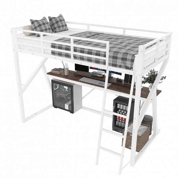 STILVORA HOCHBETT 90/200 cm in Weiß mit LED, Schreibtisch und Geländer