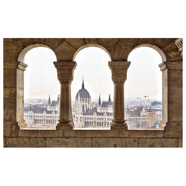 Fototapeta Budapešť panorama okno do maďarského parlamentu 416x254 3D lepidlo