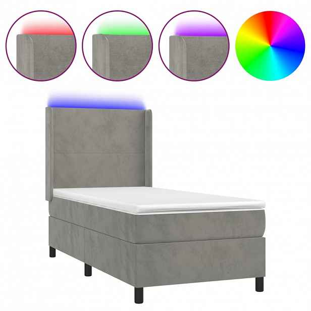 vidaXL Box spring postel s matrací a LED světle šedá 90x190 cm samet