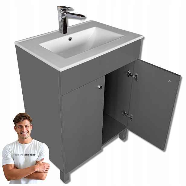 Koupelnová skříňka stojící Grafit Sada s umyvadlem 60 cm Kovové úchytky