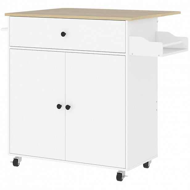 Modfu KUCHYŇSKÝ vozík z MDF 106x42x87 cm bílý na kolečkách se sklápěcí deskou, skříňkou a zásuvkou