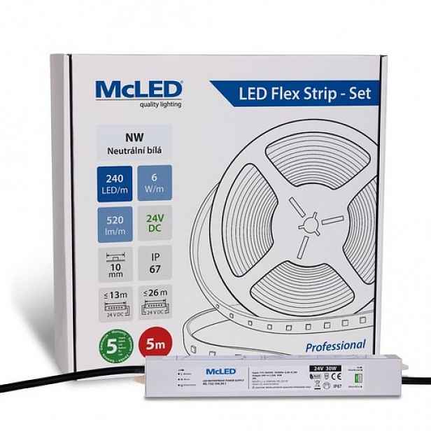 McLED LED pásek - sada 5 m, 240 LED/m, NW, 6 W/m, DC 24V, 520 lm/m, CRI90, IP67, 10 mm, vodič 3 m ML-126.033.90.S05001