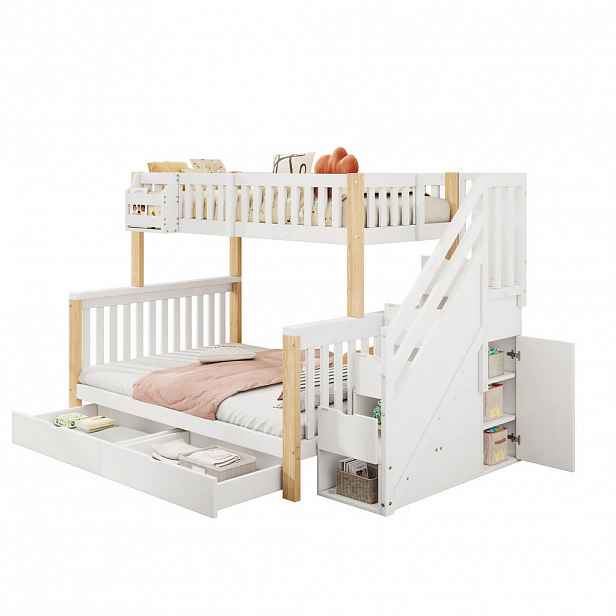 STILVORA ETAGENBETT 90/200 cm & 140/200 cm in Weiß & Natur Kinderbett mit Schubladen, Treppenschrank und Ablageschrank