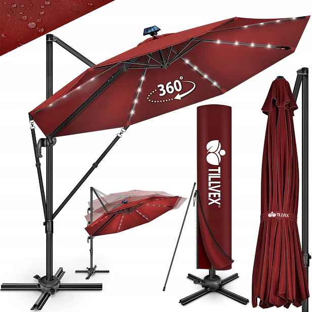 Zahradní Slunečník Tillvex 330 CM Červený Led 360° Alu UV50 Pouzdro