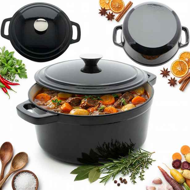 Hrnec S Litinovým Víkem 4.5 L Smaltovaný Gar Černý Pevný Rendlík