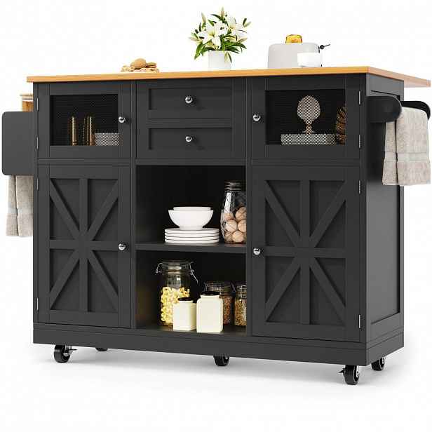 Modfu KUCHYŇSKÝ vozík z MDF a kovu 140x40x93,5 cm černý se sklopnou deskou, kolečky, držákem na ručníky a úložným prostorem