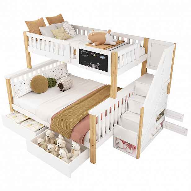 Redom PALANDA 90/200 cm s tabulí, schůdky a úložným prostorem, masivní dřevo, Bílá + Světlý dub