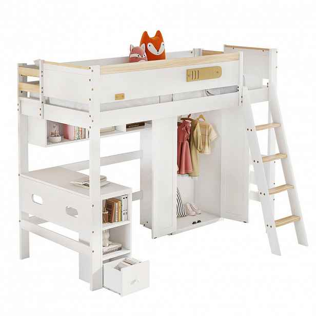 STILVORA ETAGENBETT 90/200 cm in Weiß & Natur Kinderbett mit Tisch, Kleiderschrank und Regal