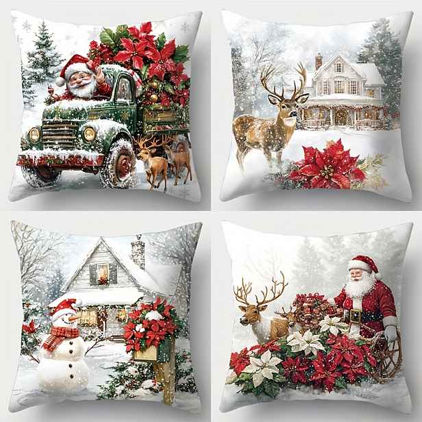 TEMU Sada čtyř povlaků na polštáře s vánočními , jsou sněhuláci, Santa Claus, vánoční jeleni, domorodci, domky a další. Rozměry jsou 17,72 palce x