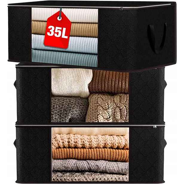3x 35L Úložné Tašky Skládací S Držákem Na Skříňku Pod Postel