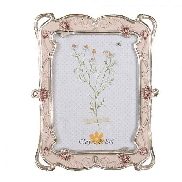 Pastelově růžový fotorámeček se zdobením a květy - 19*2*24 cm / 13*18 cm Clayre & Eef