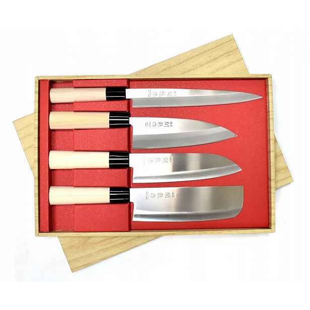 Sada 4 japonských nožů Sekiryu – Yanagiba, Santoku, Nakiri, Deba