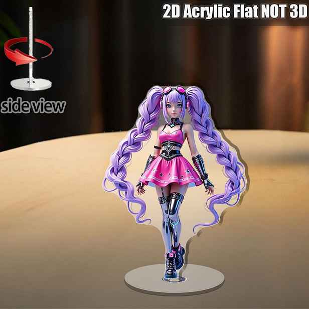 TEMU 2D plochá figurka - 2D rovná plocha, 1 ks. 360 stupňů anime dívka ° Otočná základna - Růžové šaty, fialové copánky a stříbrné boty - Elegantní