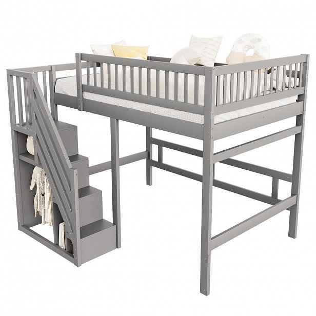 OKWISH PATROVÁ postel 140/200 cm šedá, dřevěná, s úložným schodem