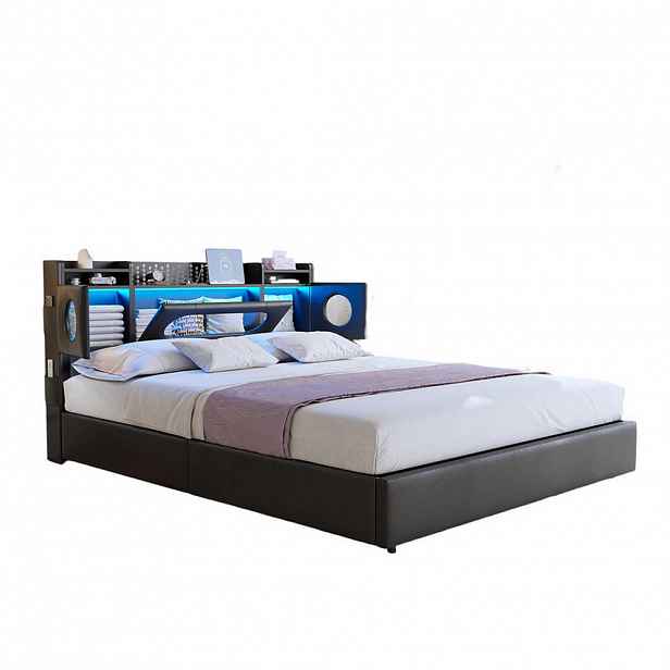 SHOPENTRA ČALOUNĚNÁ postel 140x200 cm černá LED USB Type-C plynový výtah box