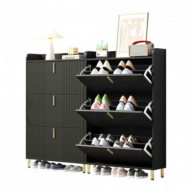OKWISH BOTNÍK 80/23,5/123,5 cm černý z MDF s nastavitelnými policemi a zlatým kovovým soklem