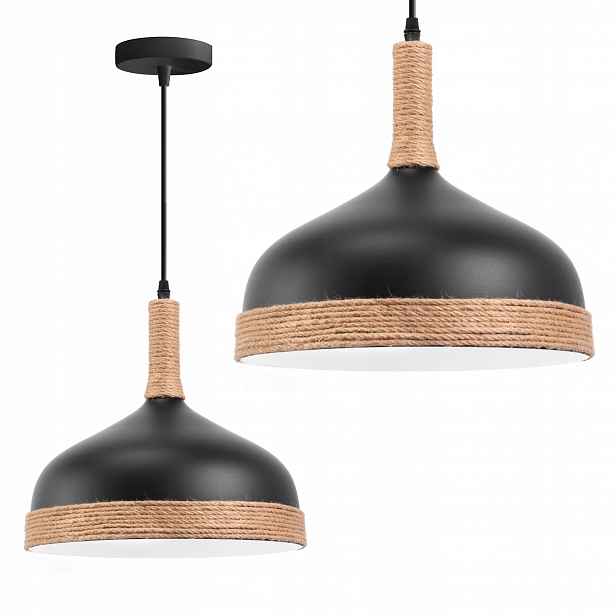 Černá loftová lampa, kovová pletená jutový provázek, hnědá