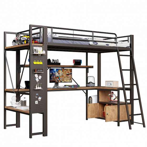 STILVORA HOCHBETT 90/200 cm in Schwarz mit Schreibtisch, Regalen, Lochwand, LED und USB im modernen Design