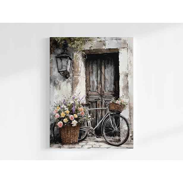 Obraz Na Plátně Canvas Vintage Kolo Staré Dveře Koš Květiny Růže 60x80