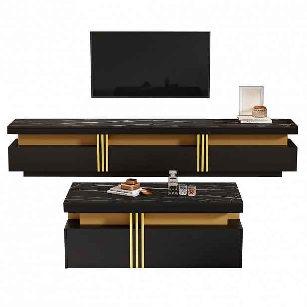 OKWISH TV sestava 200/40/42 cm černá z dřevotřísky s mramorovým dekorem a vysokým leskem
